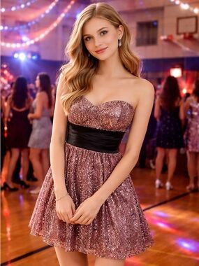 Vintage Pink Sequin Strapless Dress 5/6 Black Satin Bow in Back Y2K Retro Prom